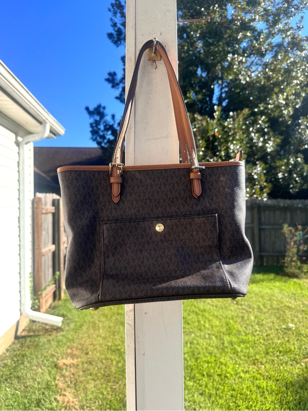 MICHAEL KORS Dark Brown Monogram Tote with Tan Trim